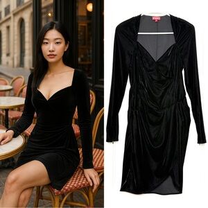 STAUD Velvet Sweetheart Neck Long Sleeve Faux Wrap Front Drop Waist Dress S‎